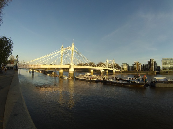 Looking down river towards Albert Bridge with Battersea Park behind the bridge