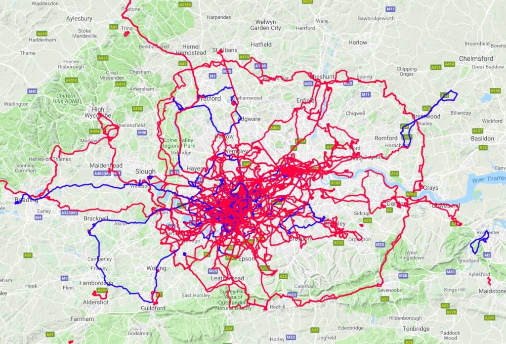 The blue lines show where I walked during 2018 that I hadn't previously been.